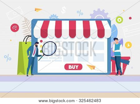Cartoon People Use Application For Shopping Online And Searching Goods Via Internet. Businessman In 
