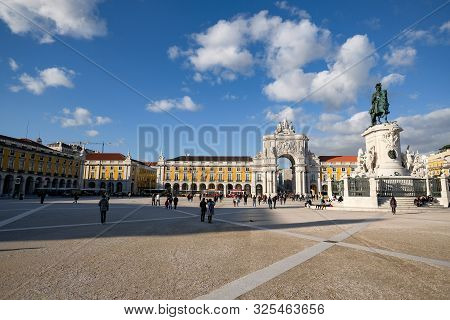 Lisbon, Lisbon, Portugal - December 8 2018: City Atmosphere In Lisbon Commercio Square With People T