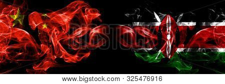 China Vs Kenya, Kenyan Smoke Flags Placed Side By Side. Thick Colored Silky Smoke Flags Of Chinese A