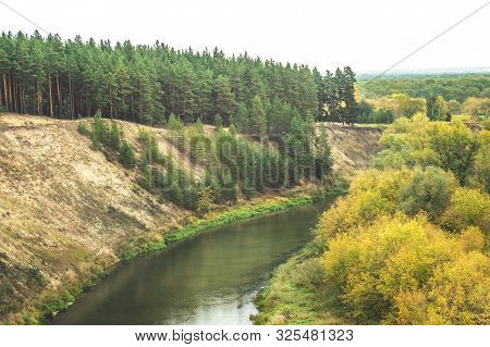 Scenic Autumn Winding Valley Hoper River. Picturesque Nature Floodplain, Sandy Cliff Edge Background