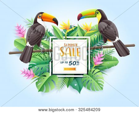 Summer Sale Card With Two Toco Toucans On Tropical Leaf Flowers Paper Cut Background.