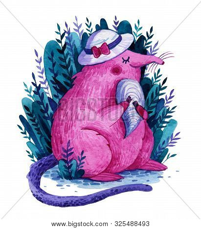 Watercolor Pink Desman In A White Hat With A Shell In Its Paws.the Desman Is Depicted Against A Back