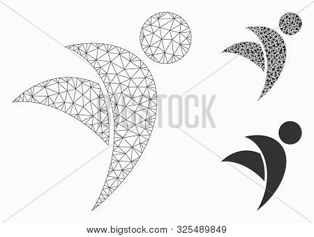 Mesh Winged Man Model With Triangle Mosaic Icon. Wire Frame Triangular Mesh Of Winged Man. Vector Co