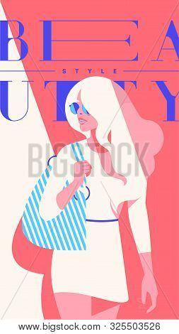 Fashion Portrait Of A Blondie Model Girl With Sunglasses. Retro Trendy Coral Color Stories Template.