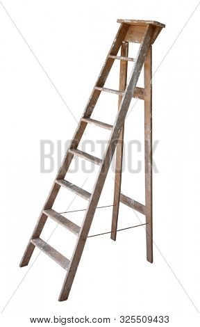 Old wooden ladder, with paint marks on it,  isolated on white background
