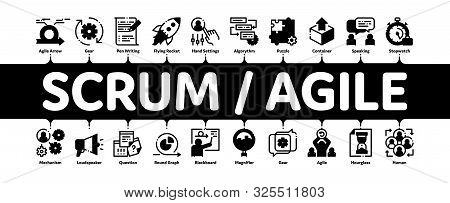 Scrum Agile Minimal Infographic Web Banner Vector. Agile Rocket And Document File, Gear And Package,
