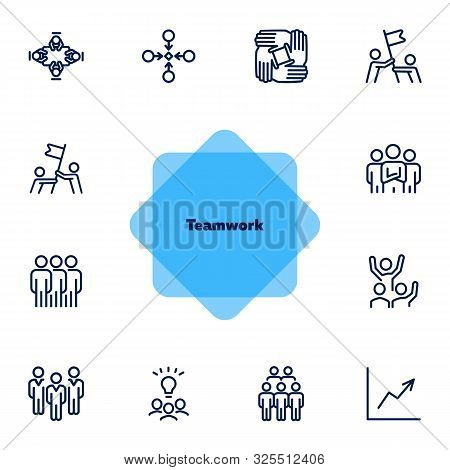 Team Working Together Line Icon Set. Stack Of Hands, Idea, Flag. Teamwork Concept. Can Be Used For T