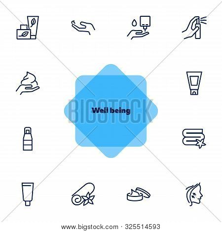 Well Being Line Icon Set. Face Lifting, Facial Cream, Folded Towel. Beautician Concept. Can Be Used 