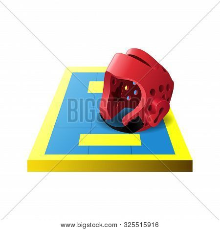3d Colorful Taekwondo Tatami, Mat And Red Helmet Icon Isolated On White Background, Vector Illustrat