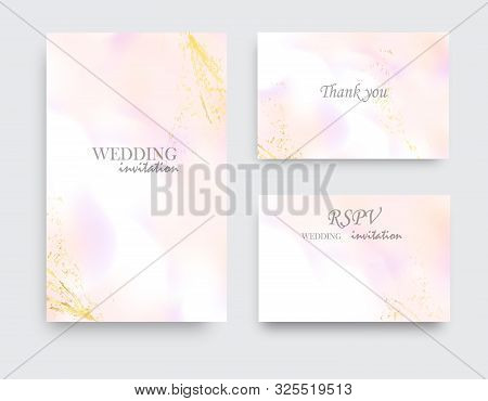 Vector Wedding Invitation Set With Liguid Fluis Background. Rose Gold Foil Marble Decoration Luxury 