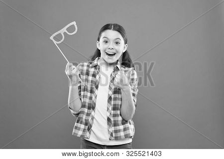 Perfect Props For Celebrating. Happy Little Child Showing Thumbs Up Hand To Glasses Props. Funny Sma