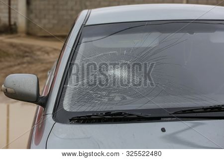Broken Car Windshield. Damage To The Glass. Accident Of Car.
