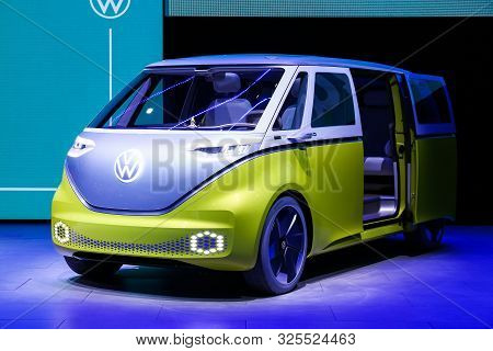 Frankfurt Am Main, Germany  September 17, 2019: Electric Minivan Volkswagen I.d.buzz Presented At Th