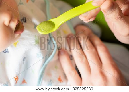 Adultt Feeds Little Baby Broccoli Puree With A Spoon. Baby First Soilds. Weaning.