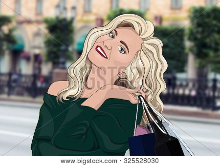 Happy Young Woman Holding Shopping Bags And Enjoying Sales. With Purchases In Paper Shopping Bags. F