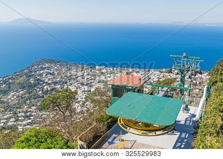 Capri Island, Italy - 29 March 2019: Chairlift To The Highest Point Of The Island Of Capri - Monte S