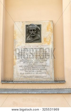 Krakow, Poland - July 26, 2019: Plaque Commemorating Piotr Skarga.