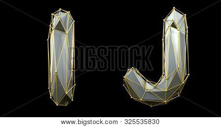 Letter set I, J made of realistic 3d render silver color. Collection of gold low polly style alphabet isolated on black background