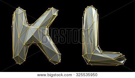 Letter set K, L made of realistic 3d render silver color. Collection of gold low polly style alphabet isolated on black background