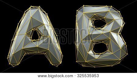 Letter set A, B made of realistic 3d render silver color. Collection of gold low polly style alphabet isolated on black background