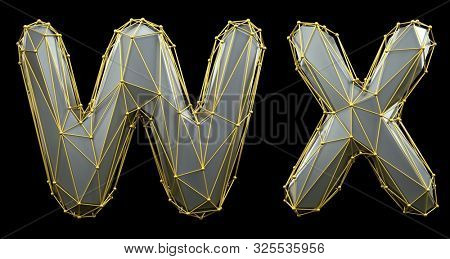 Letter set W, X made of realistic 3d render silver color. Collection of gold low polly style alphabet isolated on black background
