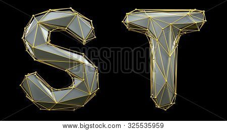 Letter set S, T made of realistic 3d render silver color. Collection of gold low polly style alphabet isolated on black background