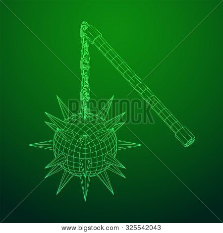 Medieval Chained Mace Ball. Wireframe Low Poly Mesh Vector Illustration.