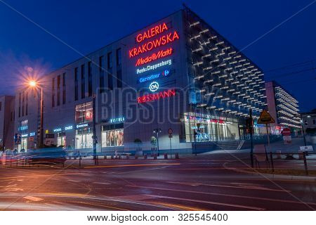 Krakow, Poland - July 26, 2019: Galeria Krakowska Shopping Mall At Night.