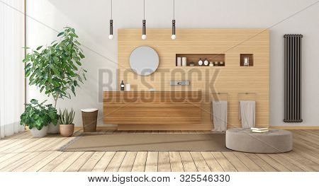 Minimalist Bathroom With Wooden Furniture,footstool And Radiator - 3d Rendering