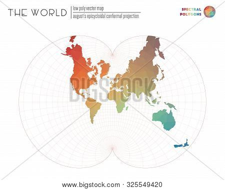 Low Poly World Map. August's Epicycloidal Conformal Projection Of The World. Spectral Colored Polygo