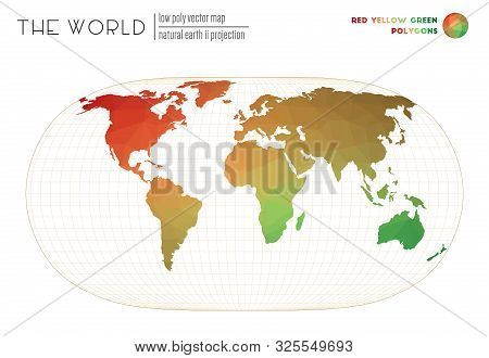 Triangular Mesh Of The World. Natural Earth Ii Projection Of The World. Red Yellow Green Colored Pol
