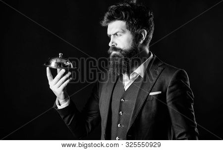 Man Well Groomed Bearded Gentleman Formal Suit Hold Little Cloche. Serving And Presentation. Elite L