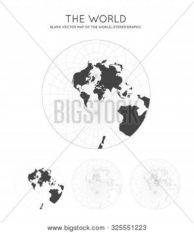 Map Of The World. Stereographic. Globe With Latitude And Longitude Lines. World Map On Meridians And