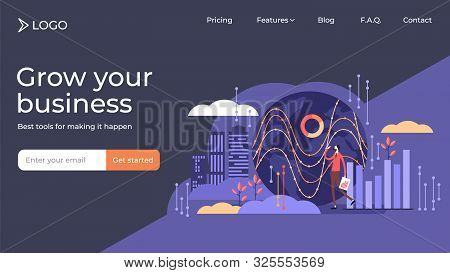 Big Data Flat Tiny Persons Vector Illustration Landing Page Template Design. Digital Internet Networ