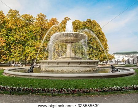 Warsaw, Poland - October 9, 2018: Antique Stone Fountain In The Shape Of A Bowl In The Saxon Garden 