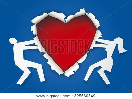 Couple Ripped Hole In Paper In The Shape Of Heart.
Illustration Of Male And Female Papper Silhouette