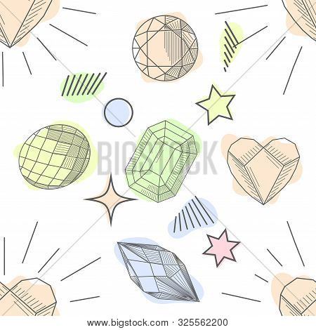Seamless Pattern Of Hand Drawn Semiprecious Stones: Jade, Rock Crystal, Citrine, Amethyst, Aquamarin