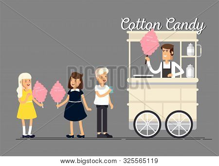 Creative Detailed Vector Street Cotton Candy Cart Or Shop With Swetness And With Seller. Children Bu