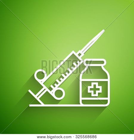 White Line Medical Syringe With Needle And Vial Or Ampoule Icon Isolated On Green Background. Vaccin
