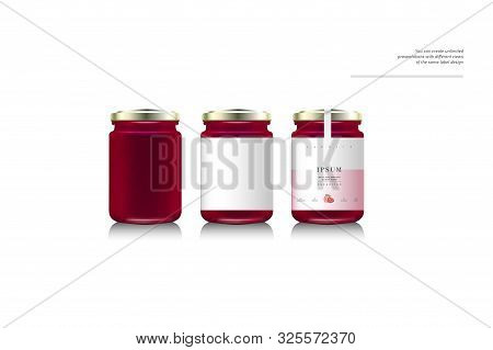 Realistic Glass Bottle Packaging For Fruit Jam. Raspberry Or Strawberry Jam With Design Label, Typog