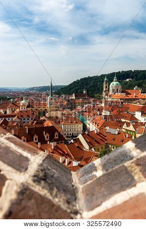 View On Prague Panorama With Red Roofs And Historic Architecture From Staromestska Radnice, Old Town