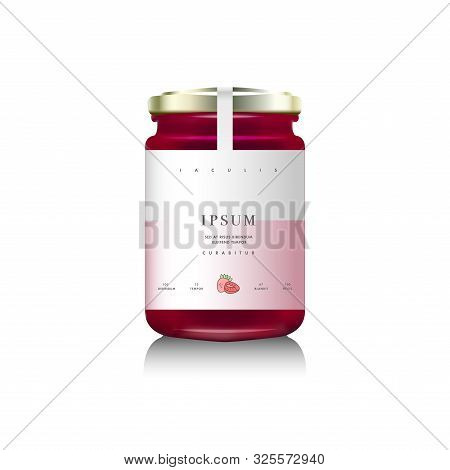 Realistic Glass Bottle Packaging For Fruit Jam. Raspberry Or Strawberry Jam With Design Label, Typog