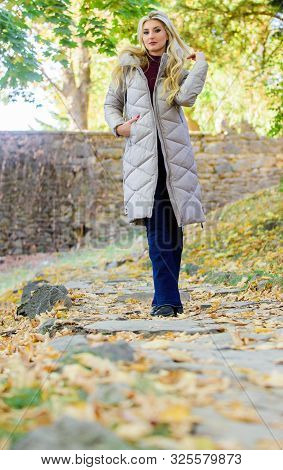 Oversized Jacket Trend. Puffer Jacket Casual And Comfortable Style. Woman Wear Warm Grey Jacket. Jac