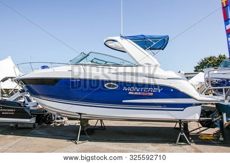 NORWALK, CT, USA - SEPTEMBER 19, 2019: Monterey 295  sport yacht shoving on Progressive Norwalk Boat Show Day 1 From September 19-22, 2019.