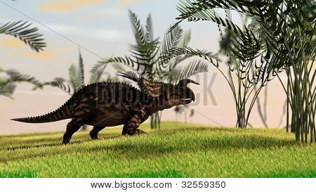 Einiosaurus en terreno de césped con palmeras