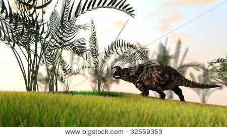 Einiosaurus en terreno de césped con palmeras