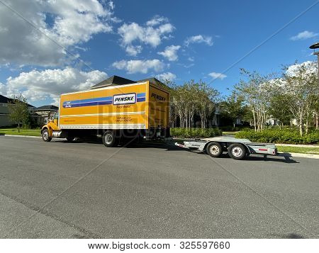 Orlando,fl/usa-10/3/19: A Penske Rental Truck Used To Move A Family To A New Home.  Penske Truck Ren