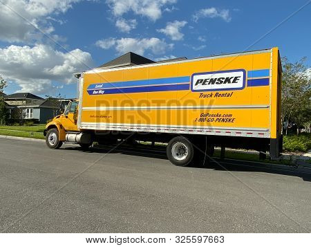 Orlando,fl/usa-10/3/19: A Penske Rental Truck Used To Move A Family To A New Home.  Penske Truck Ren