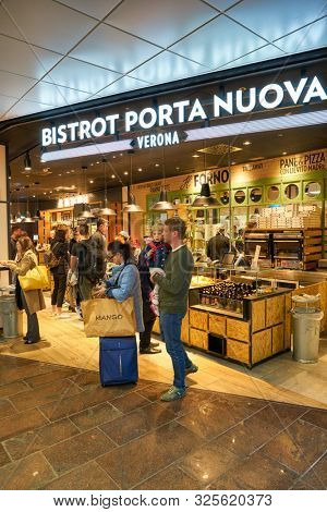 VERONA, ITALY - CIRCA MAY, 2019: people at Bistrot Porta Nuova in Verona Railway Station.