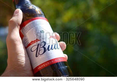 Kharkov, Ukraine - September 23, 2019: Bottle Of Budweiser Bud Beer In Male Hand On A Green Trees Ba
